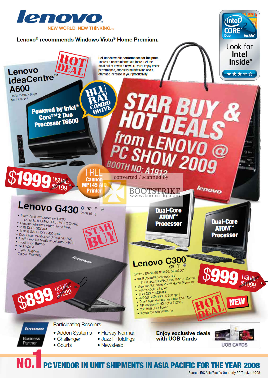 PC Show 2009 price list image brochure of Lenovo IdeaCentre A600 G430 C300 Desktop Notebooks