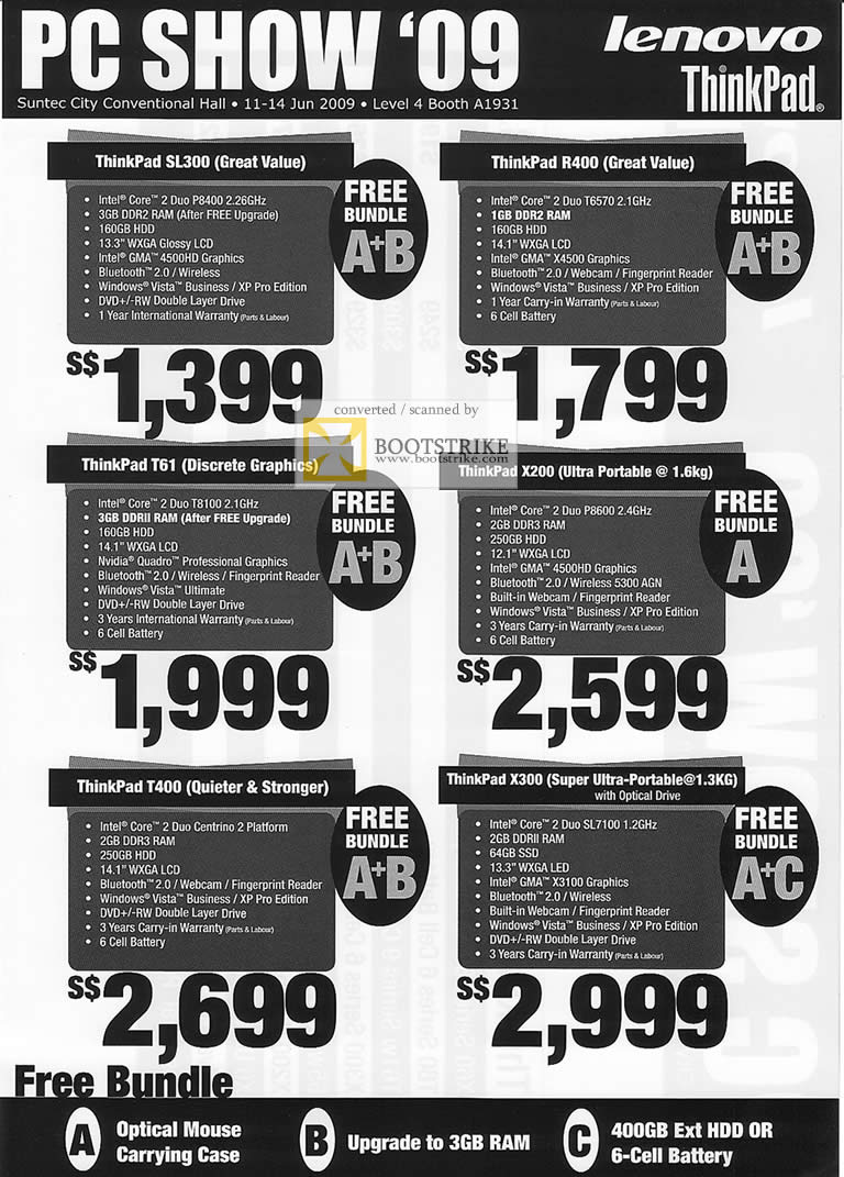 PC Show 2009 price list image brochure of Lenovo Thinkpad SL300 R400 T61 X200 T400 X300