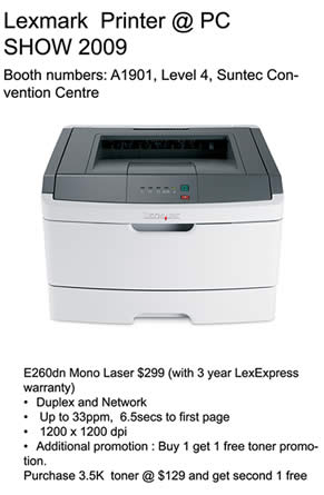 PC Show 2009 price list image brochure of Lexmark Printer E260dn Mono Laser Promotion