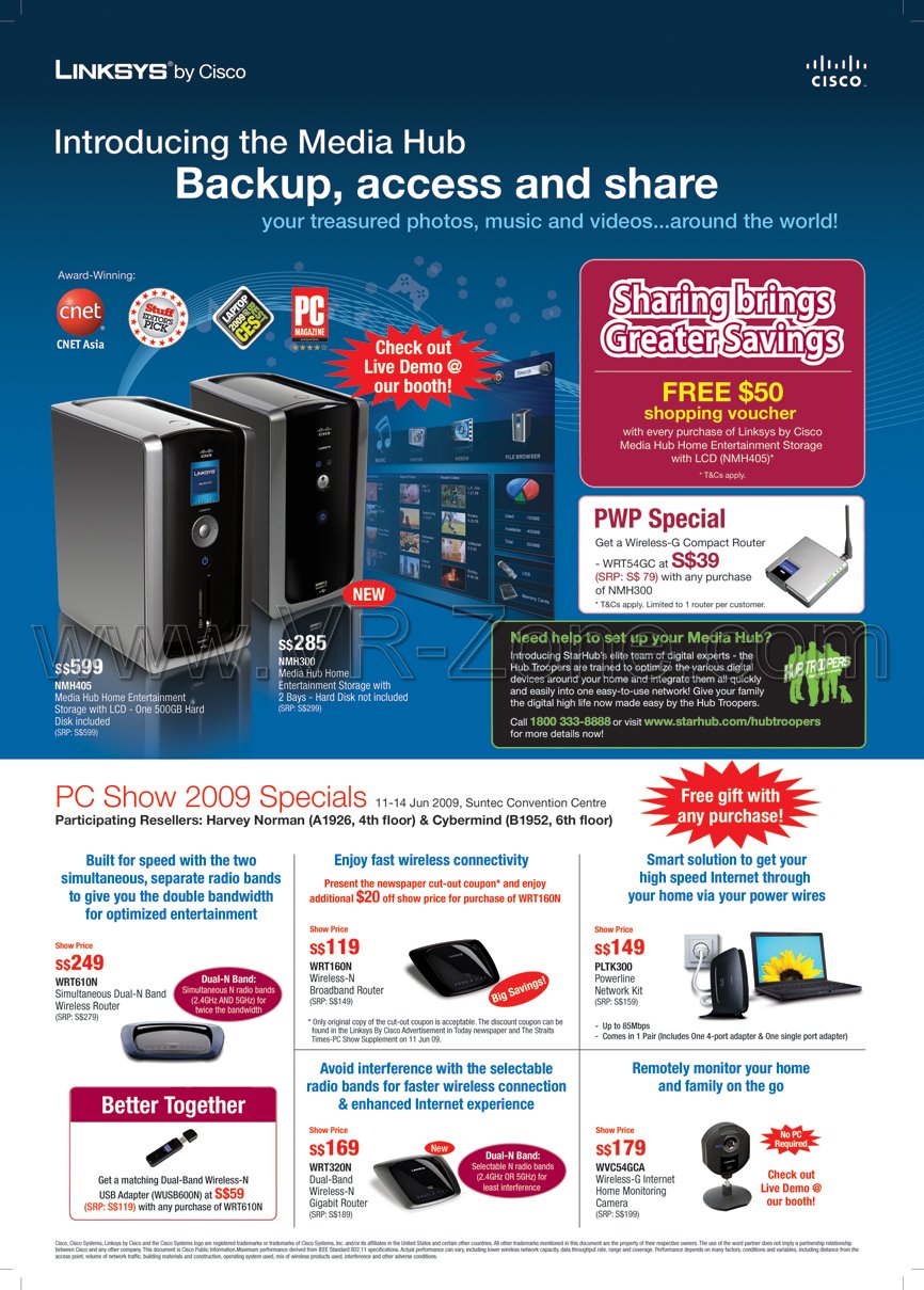 PC Show 2009 price list image brochure of Linksys Media Hub Wireless G N Gigabit Router Camera Powerline