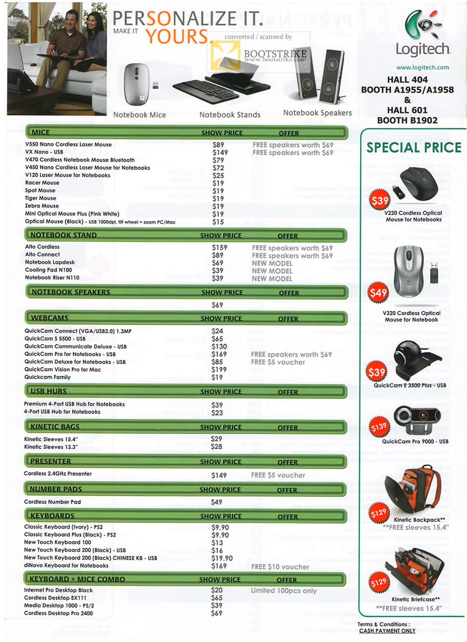 PC Show 2009 price list image brochure of Logitech Mice Notebook Stand Speakers WebCams QuickCam Hub Keyboards