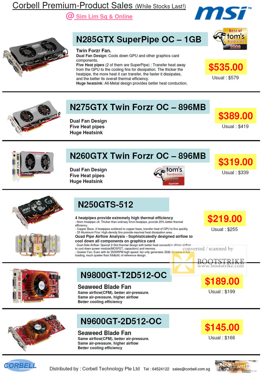 PC Show 2009 price list image brochure of MSI Corbell Geforce Video Cards N285GTX N275GTX N260GTX N250GTS N9800GT N9600GT