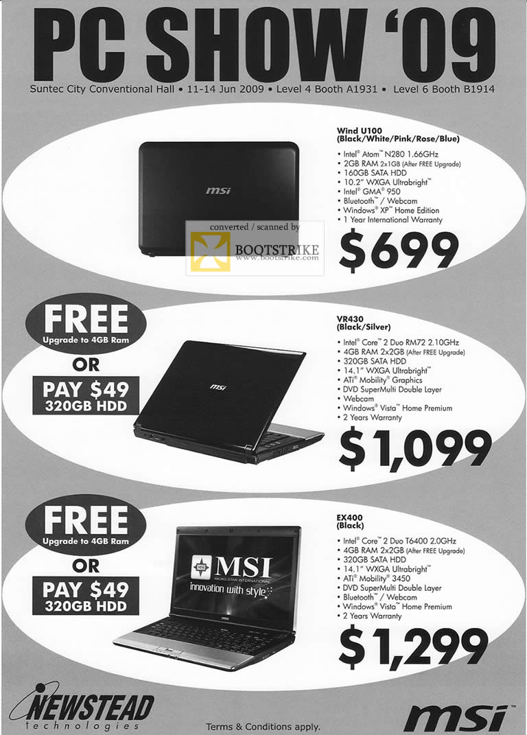 PC Show 2009 price list image brochure of MSI Wind U100 VR430 EX400 Netbook Notebooks