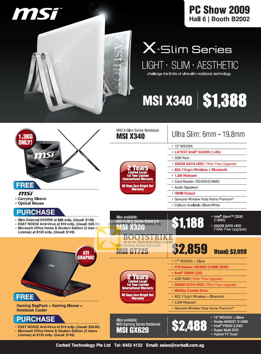 PC Show 2009 price list image brochure of MSI X-Slim Notebook X340 GT725 Gaming Corbell