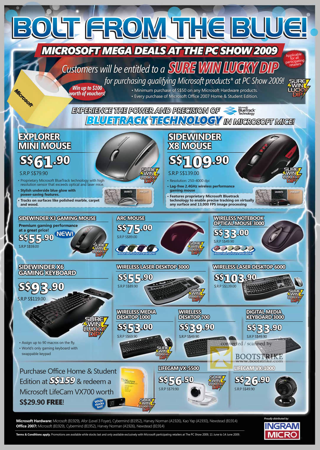 PC Show 2009 price list image brochure of Microsoft Explorer Mouse Sidewinder X8 X3 Arc Wireless Optical Gaming Keyboard Laser LifeCam Office