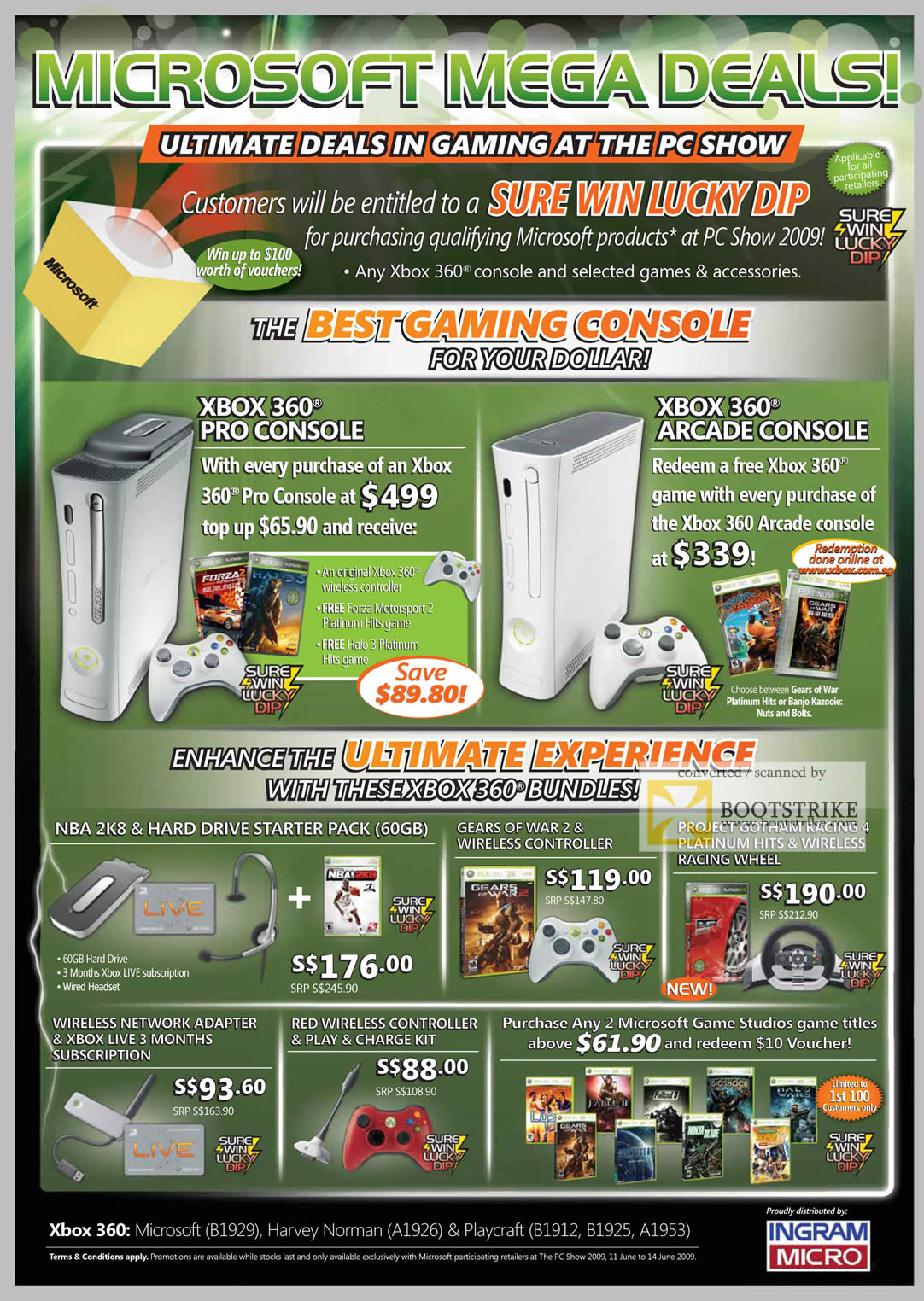 PC Show 2009 price list image brochure of Microsoft XBox 360 Lucky Dip Wireless Controller Games Wheel