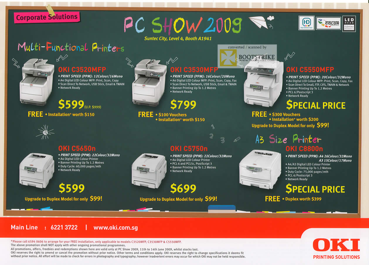 PC Show 2009 price list image brochure of Oki Multi Functional Printers C3520MFP 3530MFP C5550MFP C5650n C5750n C8800n