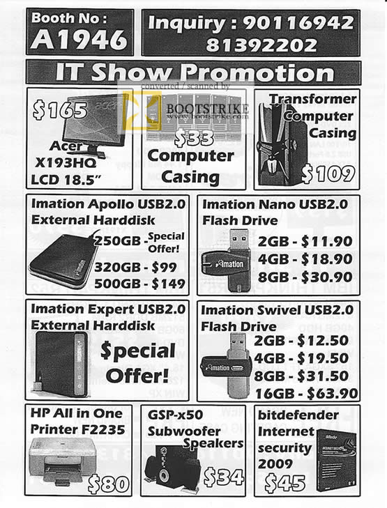PC Show 2009 price list image brochure of Onasta Acer X193HW Imation HP Bitdefender