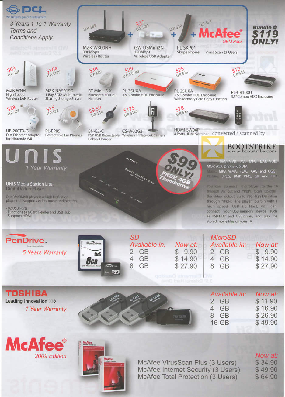 PC Show 2009 price list image brochure of PCI Network Wireless Bluetooth Enclosure Unis Pendrive McAfee