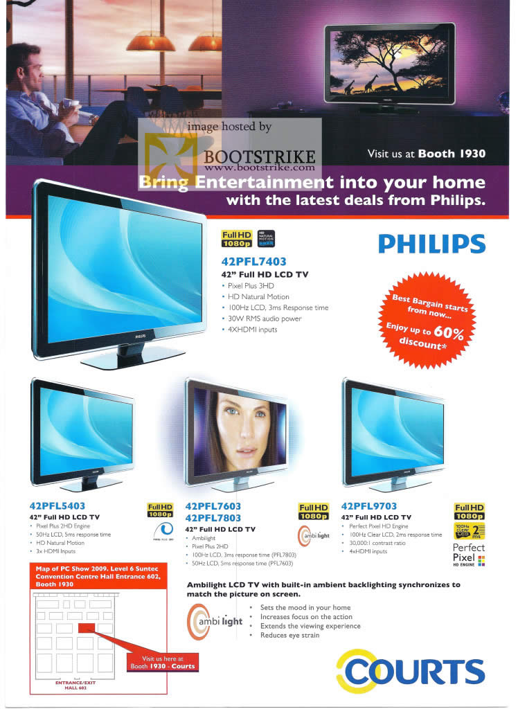 PC Show 2009 price list image brochure of Philips LCD TV 42PFL7403 42PFL5403 43PFL7603 42PFL9703 Courts