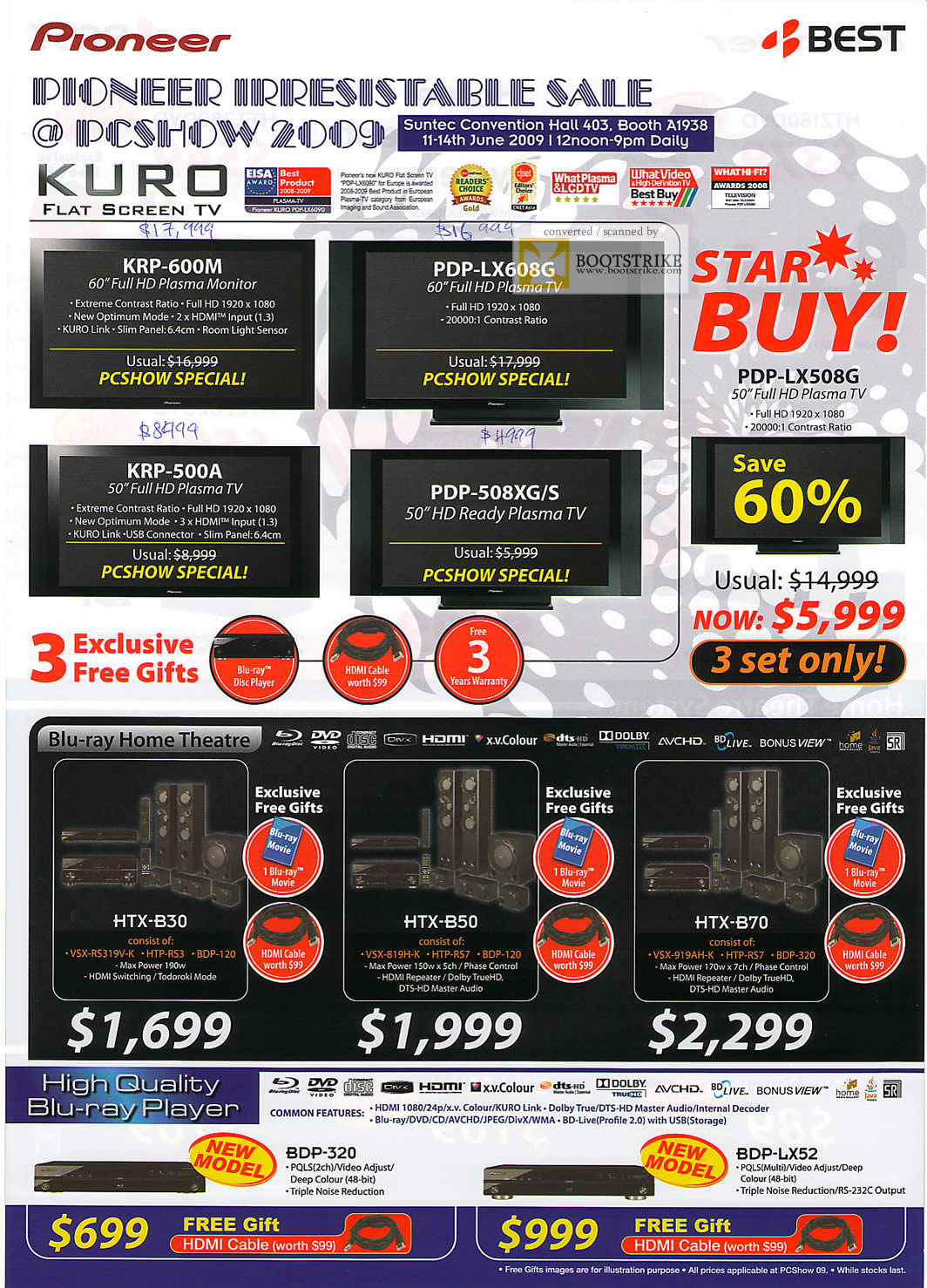 PC Show 2009 price list image brochure of Pioneer Plasma TV Kuro Blu-ray Home Theatre Player
