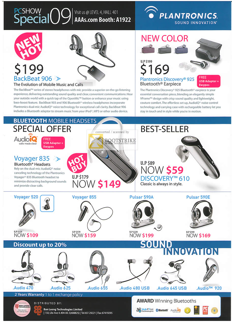 PC Show 2009 price list image brochure of Plantronics BackBeat Discovery Voyager Pulsar Bluetooth Headset