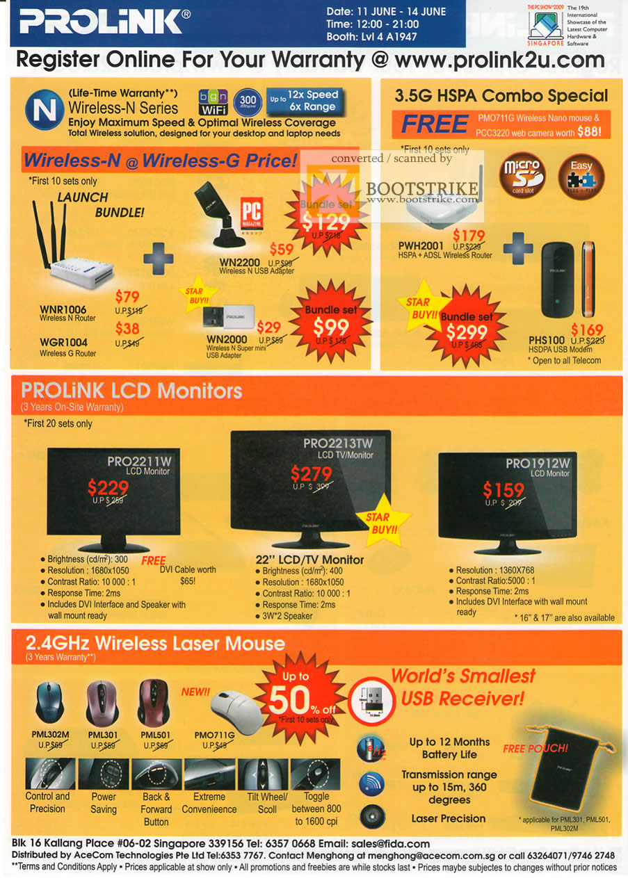 PC Show 2009 price list image brochure of Prolink Wireless HSPA LCD Monitors Laser Mouse
