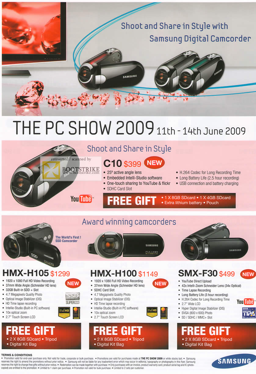 PC Show 2009 price list image brochure of Samsung Digital Camcorder C10 HMX H105 H100 SMX F30