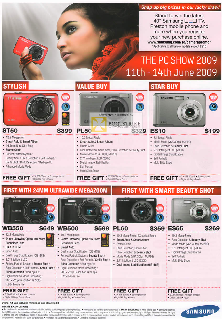 PC Show 2009 price list image brochure of Samsung Digital Cameras ST50 PL50 ES10 WB550 WB500 PL60 ES55