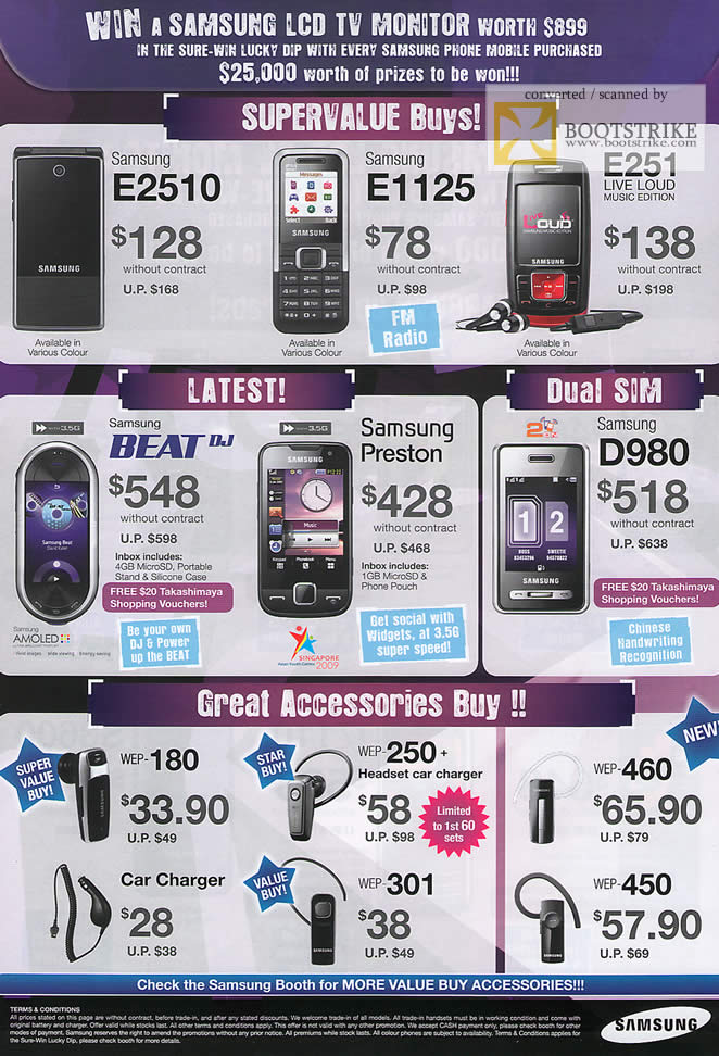 PC Show 2009 price list image brochure of Samsung Phones E2510 E1125 E251 Beat DJ Preston D980 Bluetooth