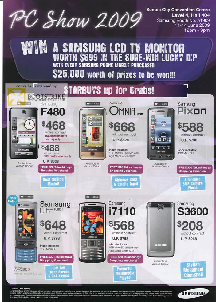 PC Show 2009 price list image brochure of Samsung Phones F480 Omnia Pixon Ultra Touch I7110 S3600