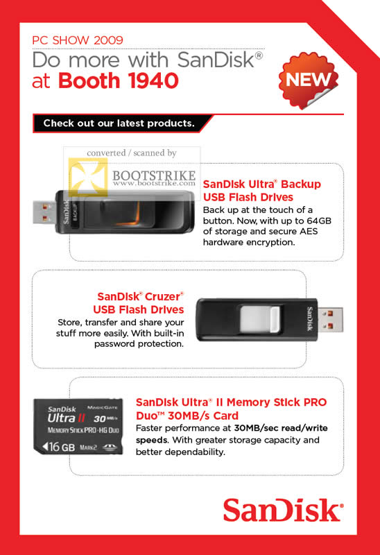 PC Show 2009 price list image brochure of Sandisk Ultra Backup USB Flash Drive Cruzer Memory Stick