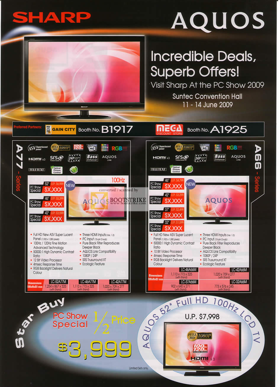 PC Show 2009 price list image brochure of Sharp Aquos LCD TVs A77 A66