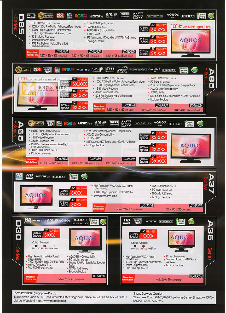 PC Show 2009 price list image brochure of Sharp Aquos LCD TVs D85 A85 A65 A37 A35 D30