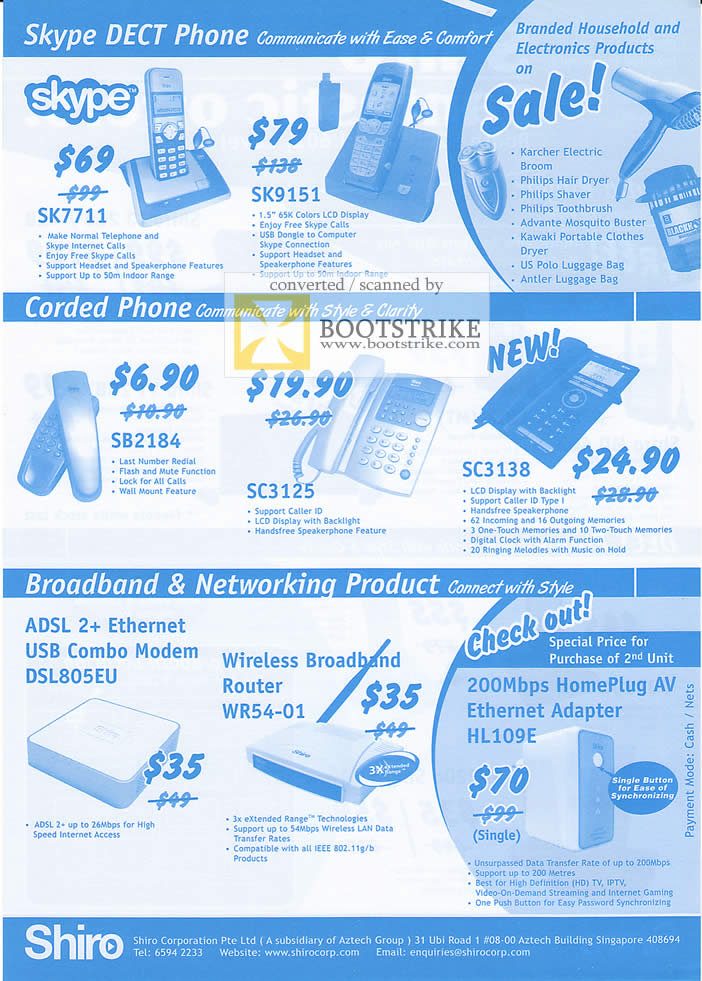 PC Show 2009 price list image brochure of Shiro Skype Dect Phone Corded ADSL Broadband Router Homeplug
