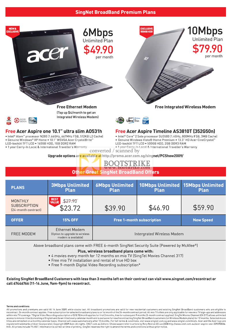 PC Show 2009 price list image brochure of Singnet BroadBand Acer Aspire One Timeline A0531h AS3810T 352G50n