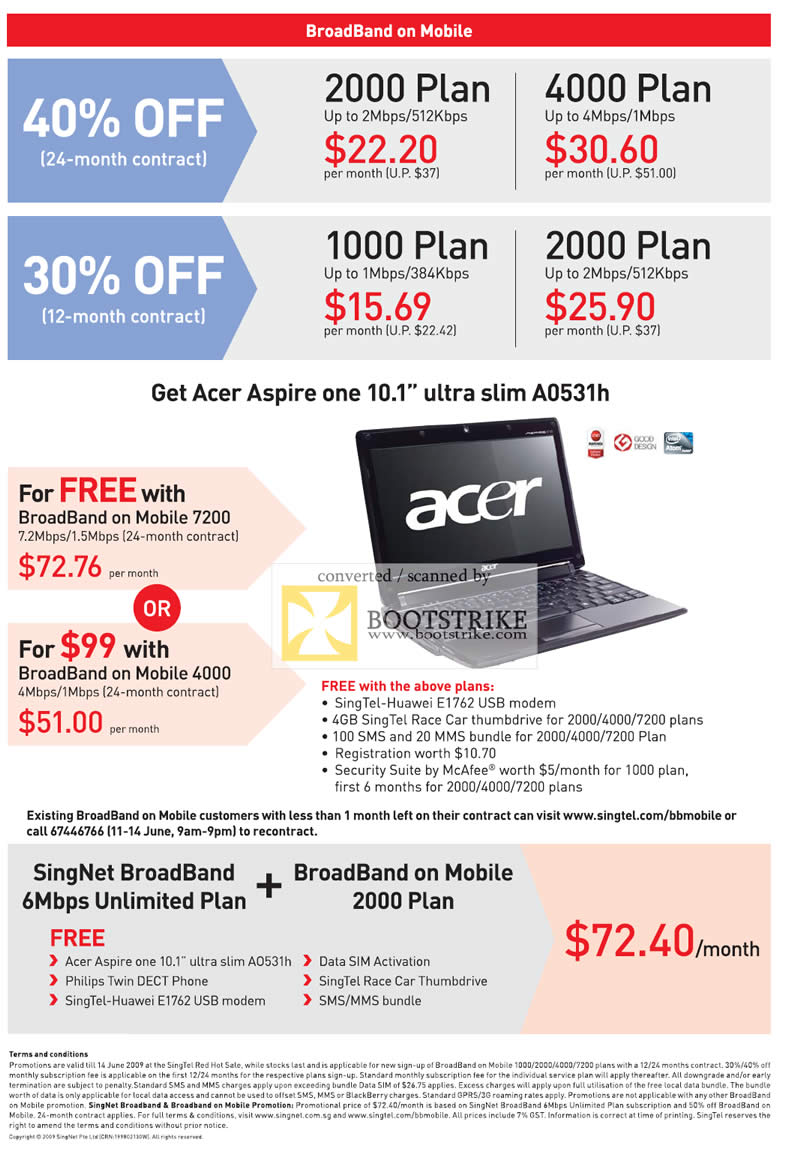 PC Show 2009 price list image brochure of Singnet Broadband On Mobile BBOM Acer Aspire One Ultra Slim A0531h