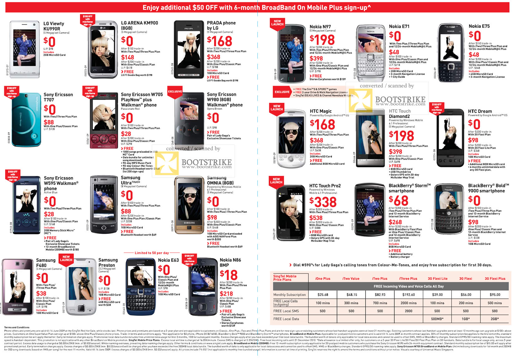 PC Show 2009 price list image brochure of Singtel Phones LG Prada Sony Ericsson Samsung Nokia HTC BlackBerry