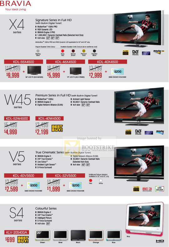 PC Show 2009 price list image brochure of Sony Bravia LCD TV X4 W45 V5 S4 Series