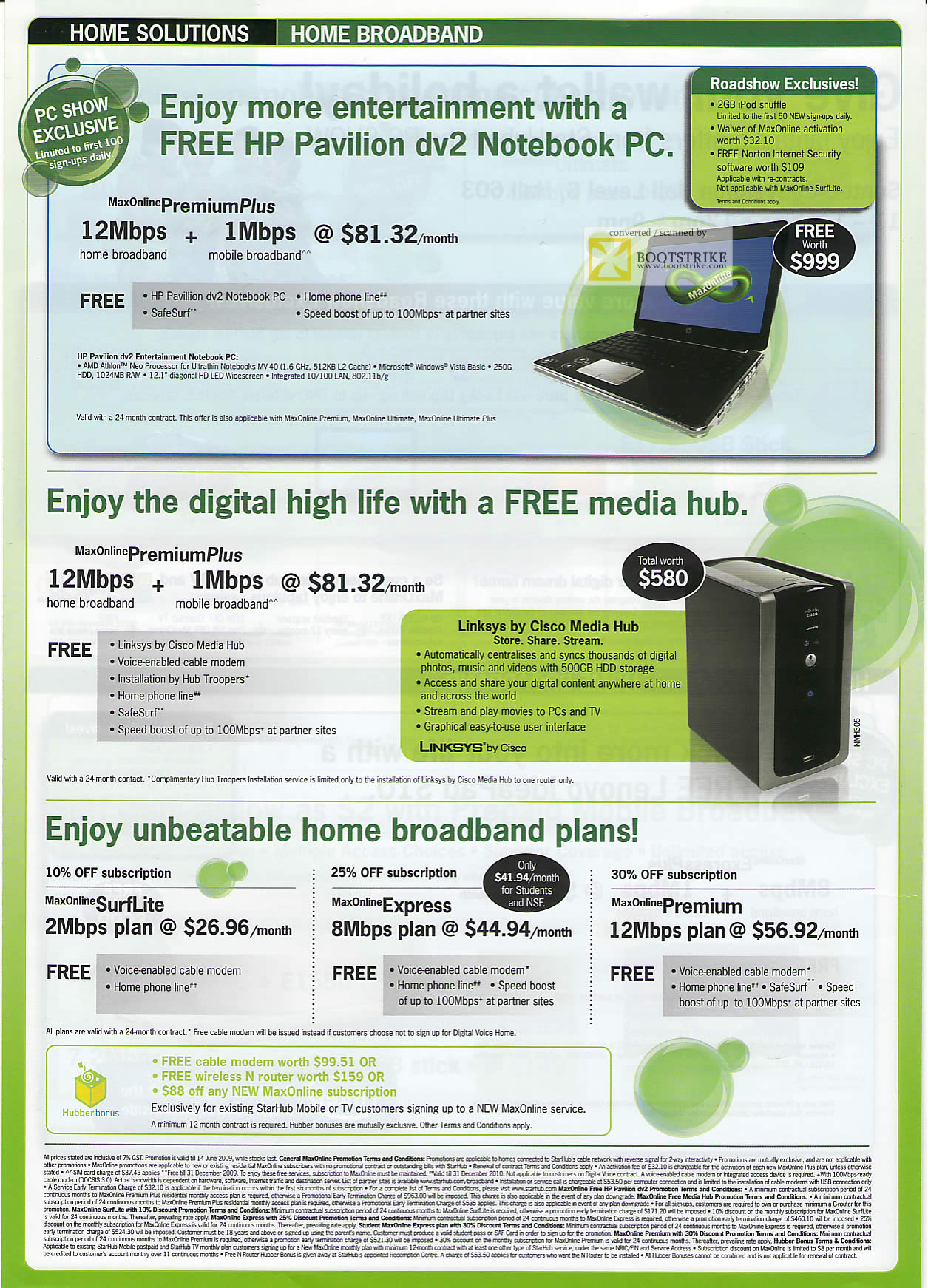 PC Show 2009 price list image brochure of Starhub Home Broadband HP Pavilion Dv2 Notebook PC Media Hub