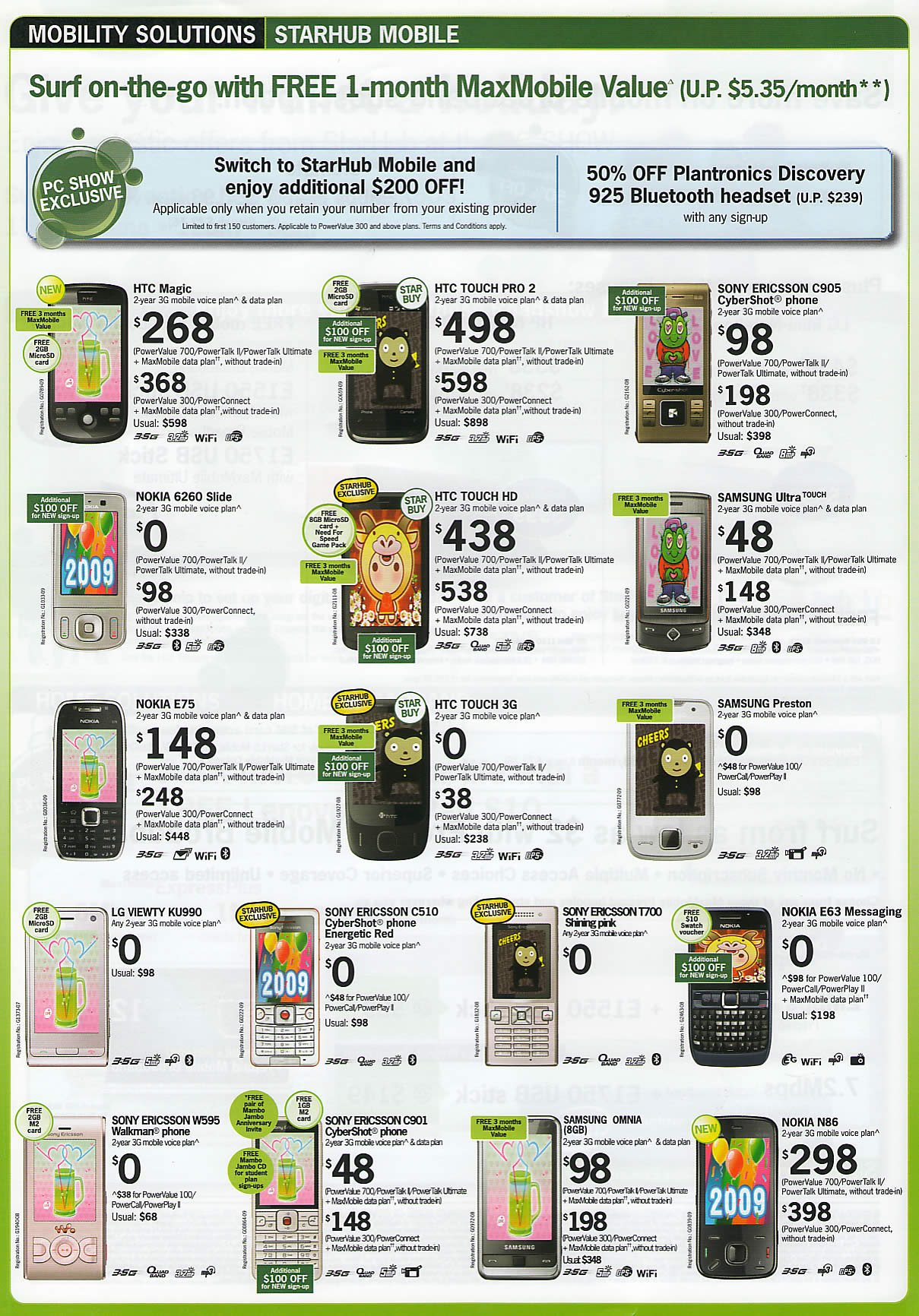 PC Show 2009 price list image brochure of Starhub Mobile Phones HTC Sony Ericsson Nokia Samsung LG