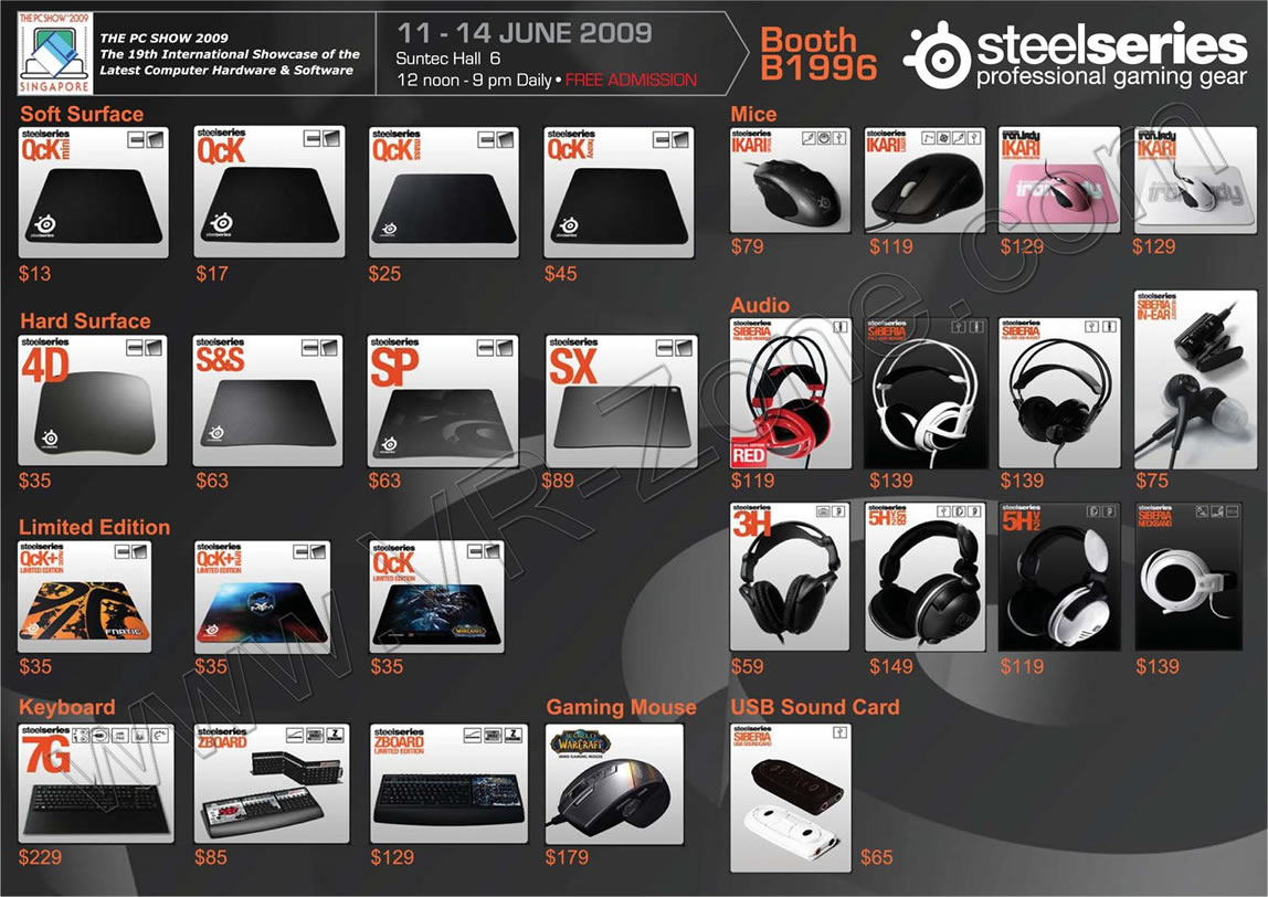 PC Show 2009 price list image brochure of Steelseries QcK 4D SP SX IKAR SIBERIA 3H 5H ZBOARD 7G