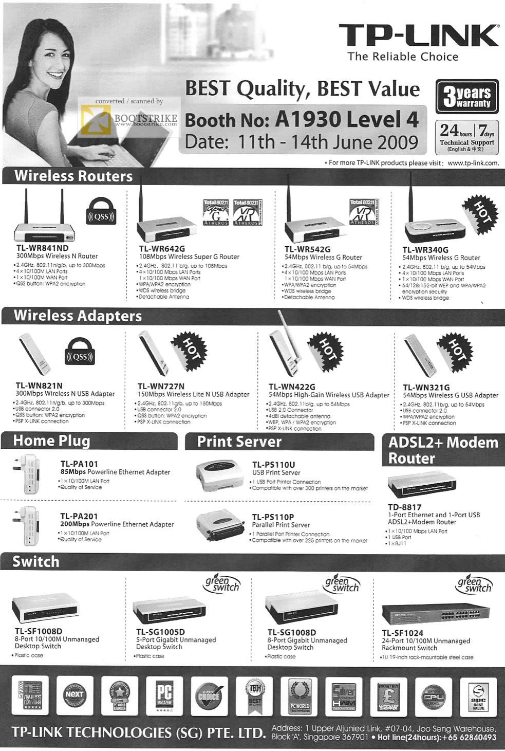PC Show 2009 price list image brochure of TP-Link Wireless Routers Adapters Home Plug Print Server Switch ADSL