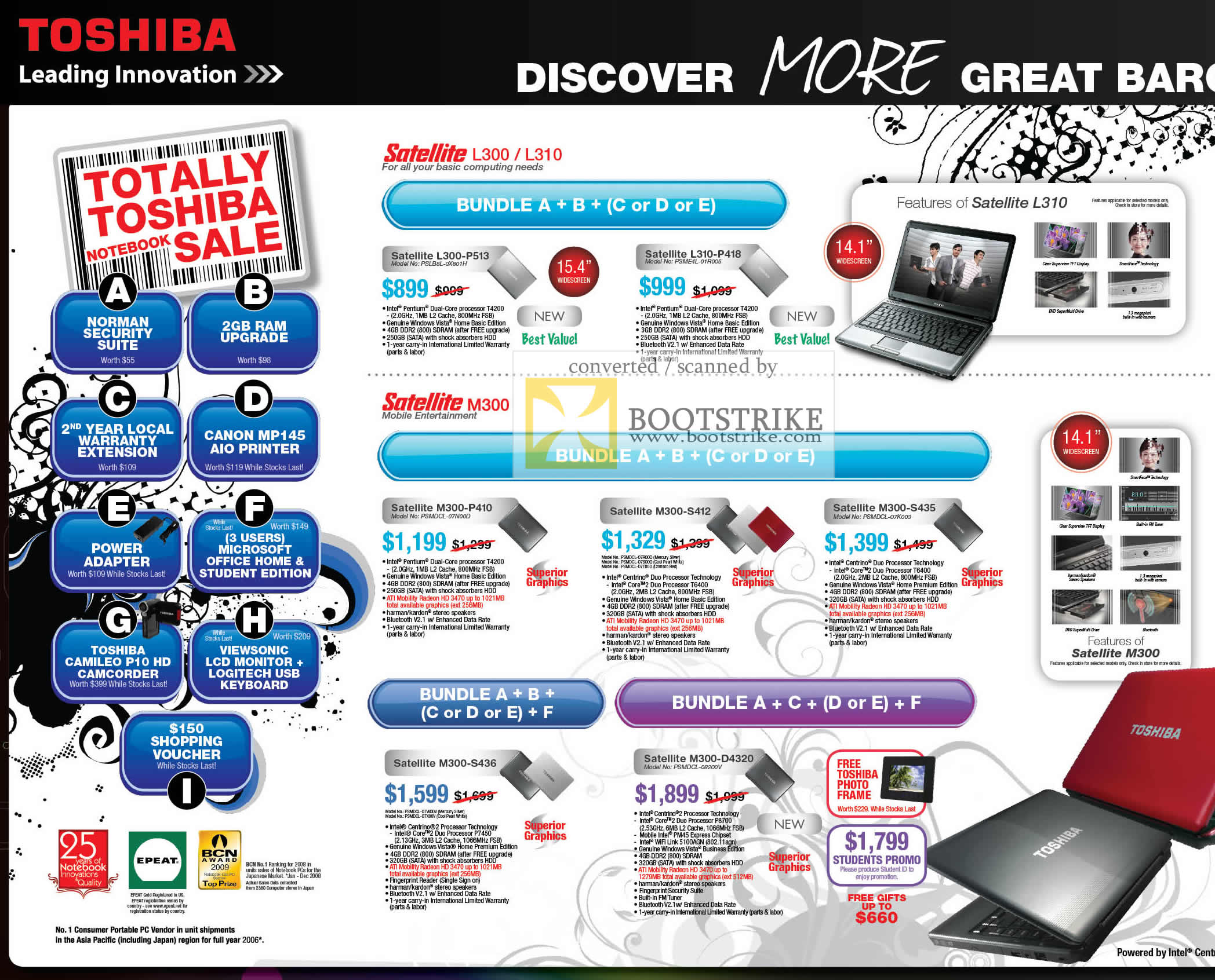 PC Show 2009 price list image brochure of Toshiba Satellite L300 L310 M300 Notebooks