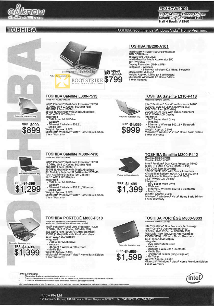 PC Show 2009 price list image brochure of Toshiba Satellite NB200 L300 L310 M300 Portege M800 IKnow