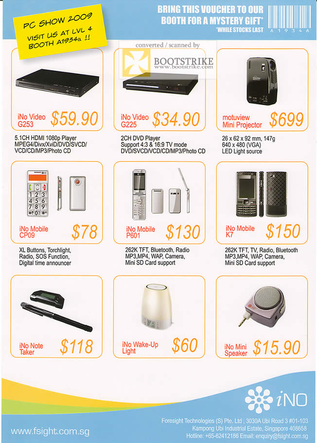 PC Show 2009 price list image brochure of INo Video Motuview Mini Projector Mobile Note Taker Speaker Light