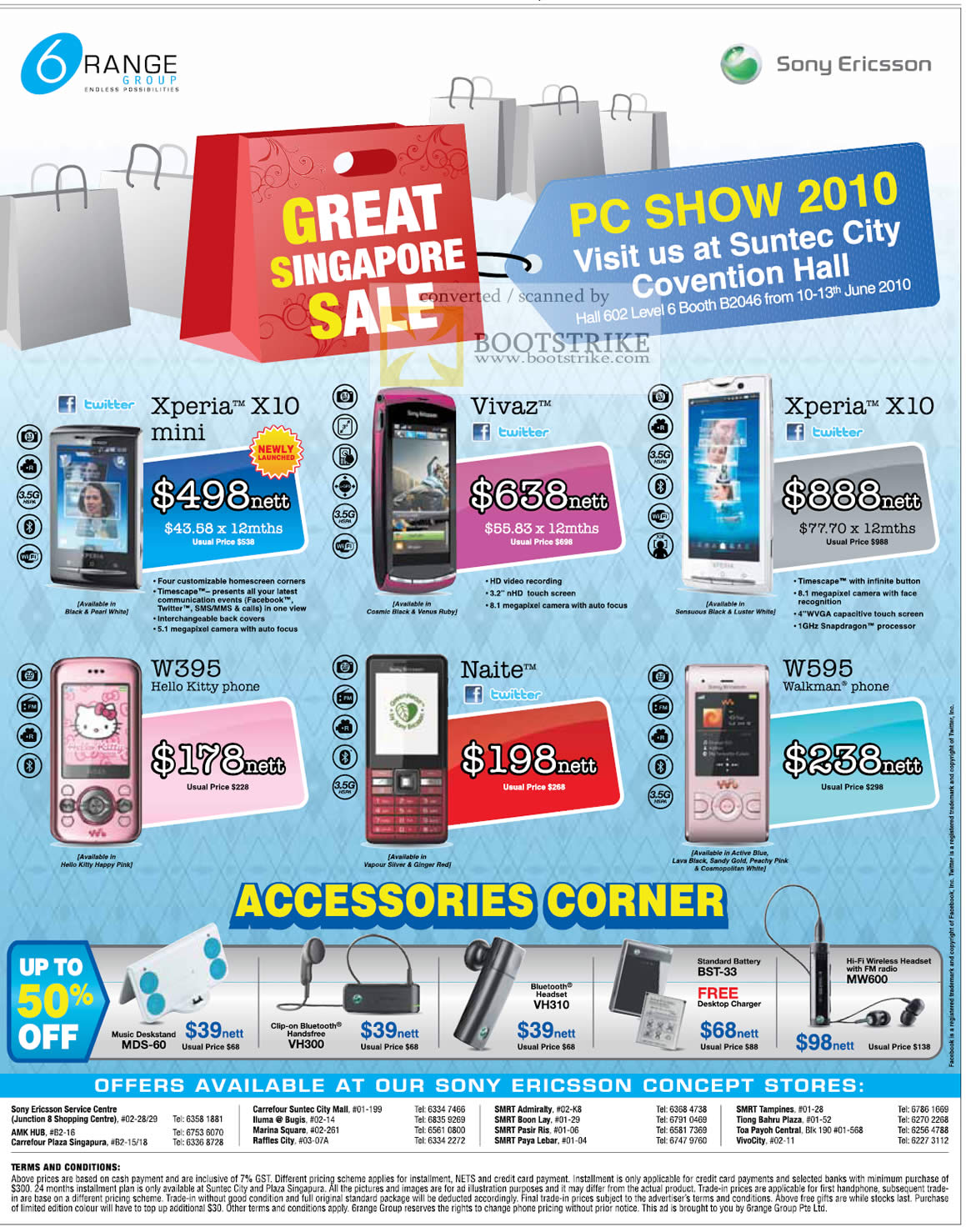PC Show 2010 price list image brochure of 6Range Sony Ericsson Mobile Phones Xperia X10 Mini Vivaz W395 Naite W595 Bluetooth Handsfree
