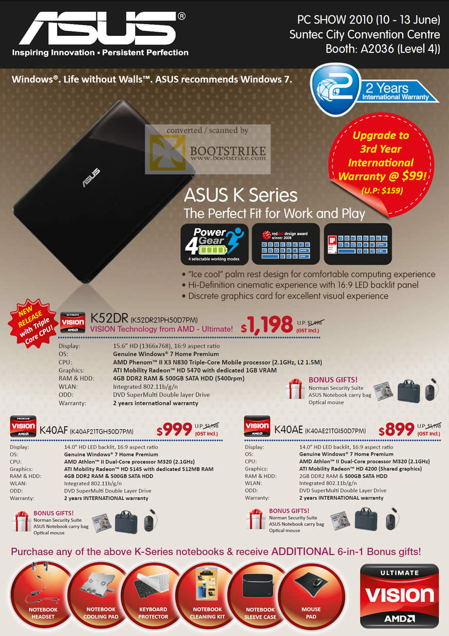 PC Show 2010 price list image brochure of ASUS AMD K Series Notebooks K52DR K40AF K40AE