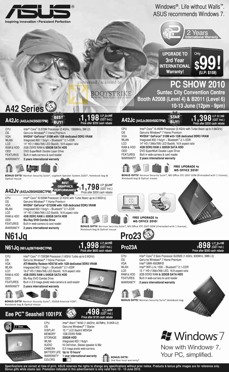 PC Show 2010 price list image brochure of ASUS Notebooks A42Jc A42 A42Jv N61Jq Pro23 Pro23A EEE PC Seashell 1001PX Netbook