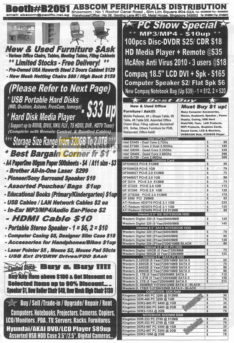 PC Show 2010 price list image brochure of Abscom Media Player Mcafee Compaq LCD External Storage CPU Geforce Radeon Internal HDD SATA DDR RAM SODIMM