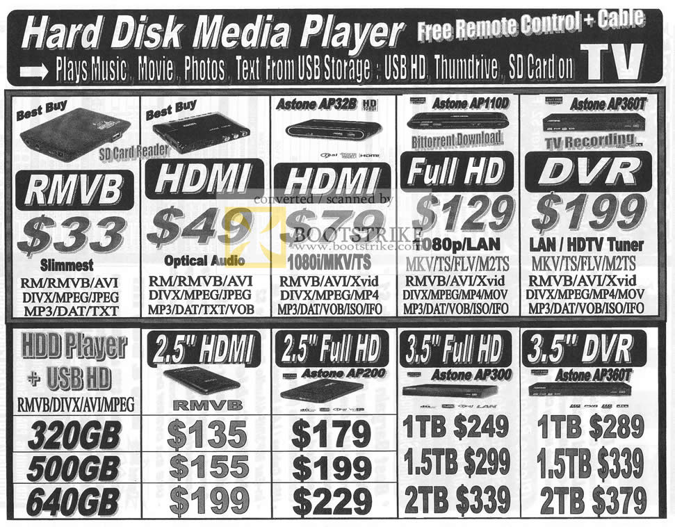 PC Show 2010 price list image brochure of Abscom Media Player USB Astone AP32B Astone AP1100 AP360T AP200 AP300 AP360T