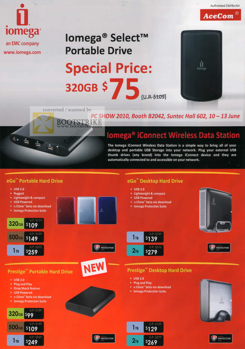 PC Show 2010 price list image brochure of AceCom Iomega Select EGo External Storage Drive Desktop Prestige IConnect Wireless Data Station