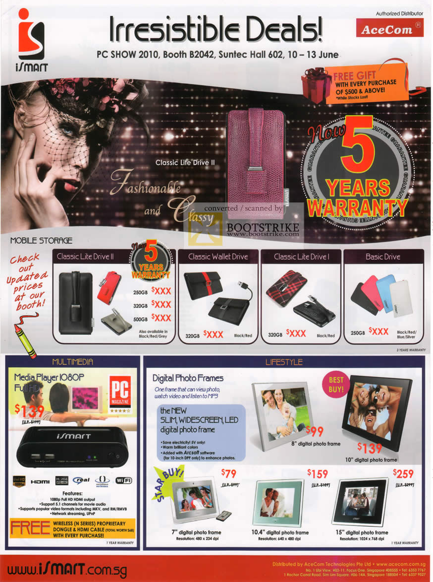PC Show 2010 price list image brochure of AceCom ISmart External Storage Classic Lite Wallet Basic Media Player Digital Photo Frame