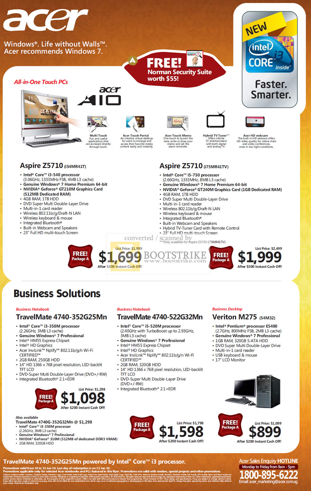 PC Show 2010 price list image brochure of Acer All In One Touch AIO Desktop Aspire Z5710 Business TravelMate 4740 Veriton M275