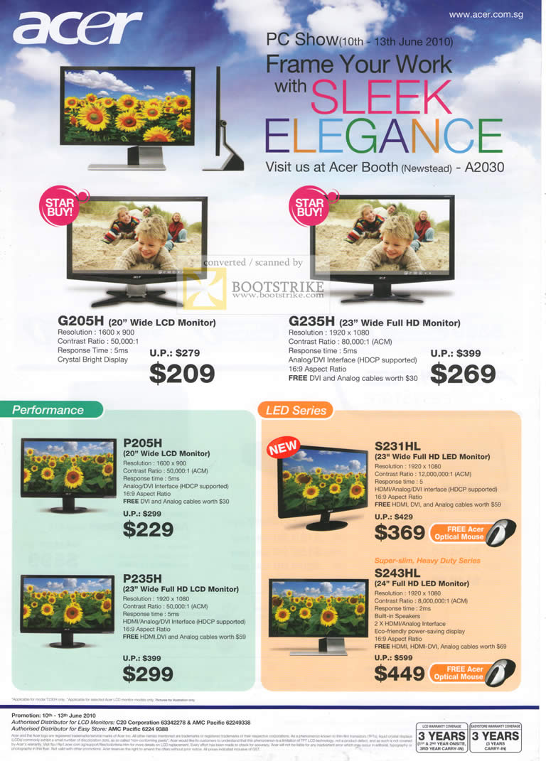 PC Show 2010 price list image brochure of Acer LCD Monitors G205H G235H P205H P235H S231HL S243HL