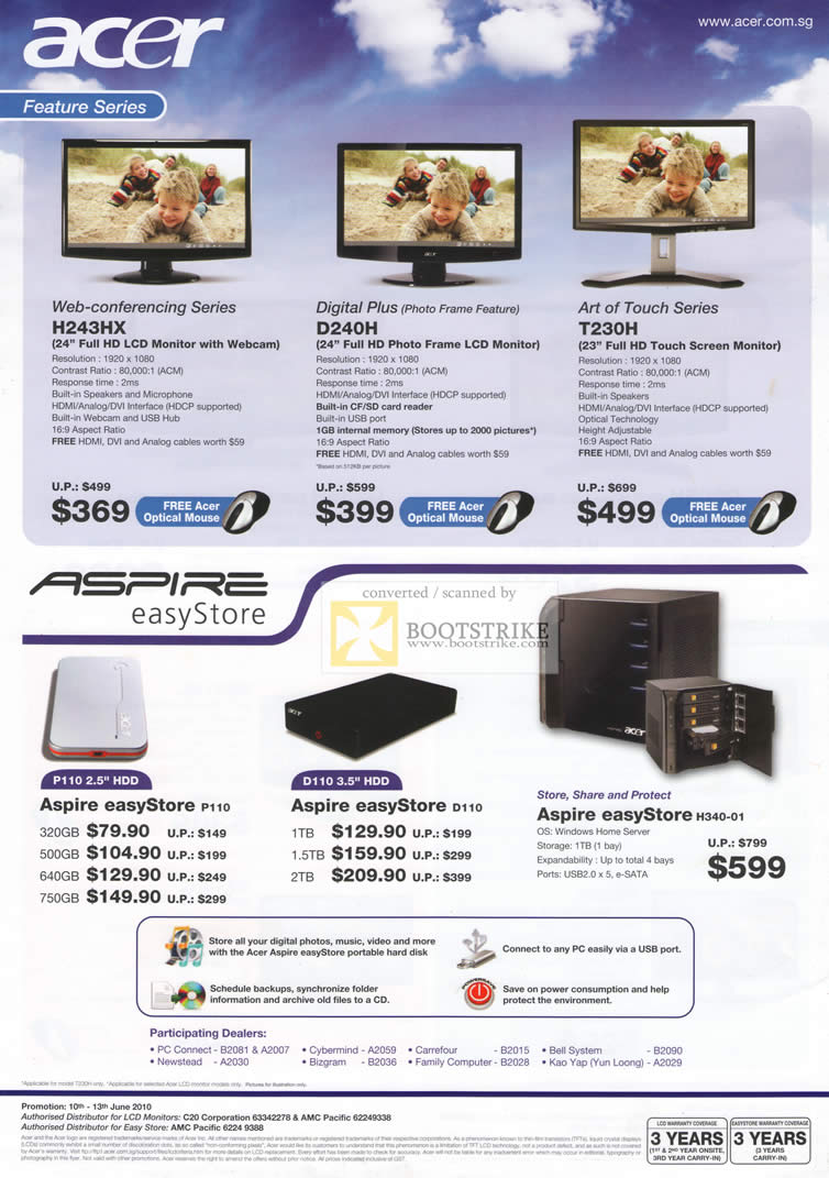 PC Show 2010 price list image brochure of Acer LCD Monitors H243HX D240H T230H Aspire EasyStore External Storage P110 D110 H340 01