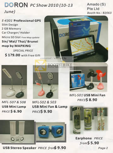 PC Show 2010 price list image brochure of Amado Doron GPS E4301 Mapking USB Mini Lamp Fan MFL 507 508 503 Stereo Speaker Earphone