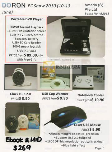 PC Show 2010 price list image brochure of Amado Portable DVD Player RMVB Clock Hub USB Cup Warmer Notebook Cooler USB Mouse