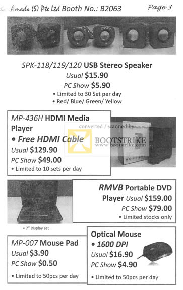 PC Show 2010 price list image brochure of Amado USB Stereo Speaker SPK 118 119 120 MP 436H Media Player Portable DVD Player Optical Mouse Pad