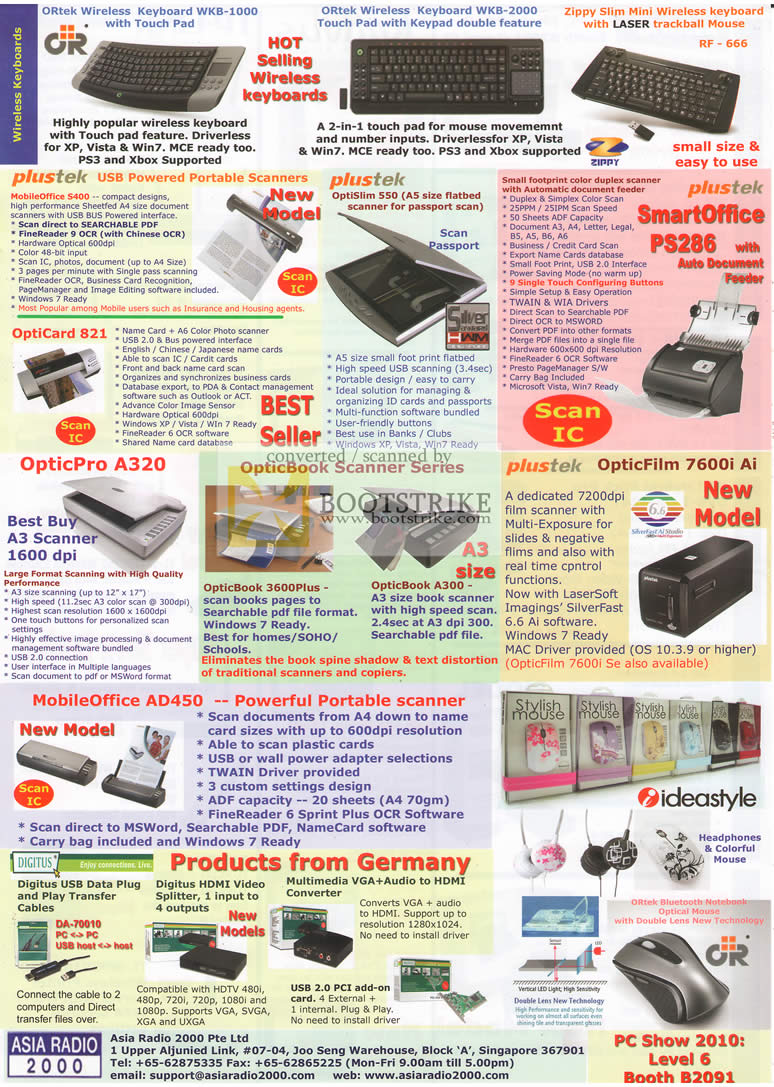 PC Show 2010 price list image brochure of Asia Radio Wireless Keyboards ORtek Plustek Scanners OptiCard OpticPro OpticBook OpticFilm MobileOffice Ideastyle